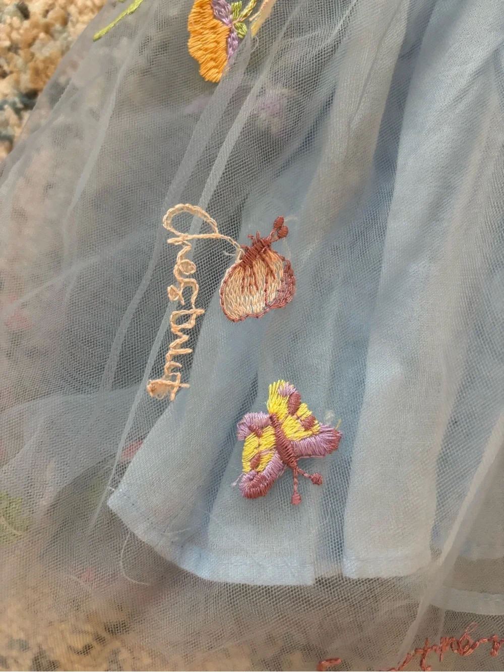 Girls Blue Floral Embroidered Tulle Dress